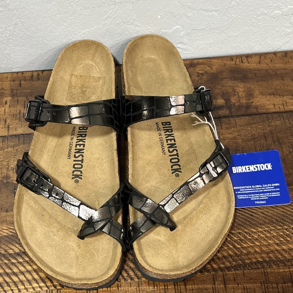 Birkenstock MIYARI Black Metallic Crocodile Size 39